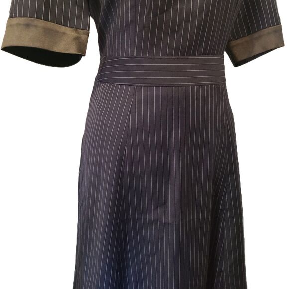 Estee Lauder Navy Blue Pinstripe Tulip Style Fit & Flare Vintage Dress, Size 8 - Picture 7 of 10